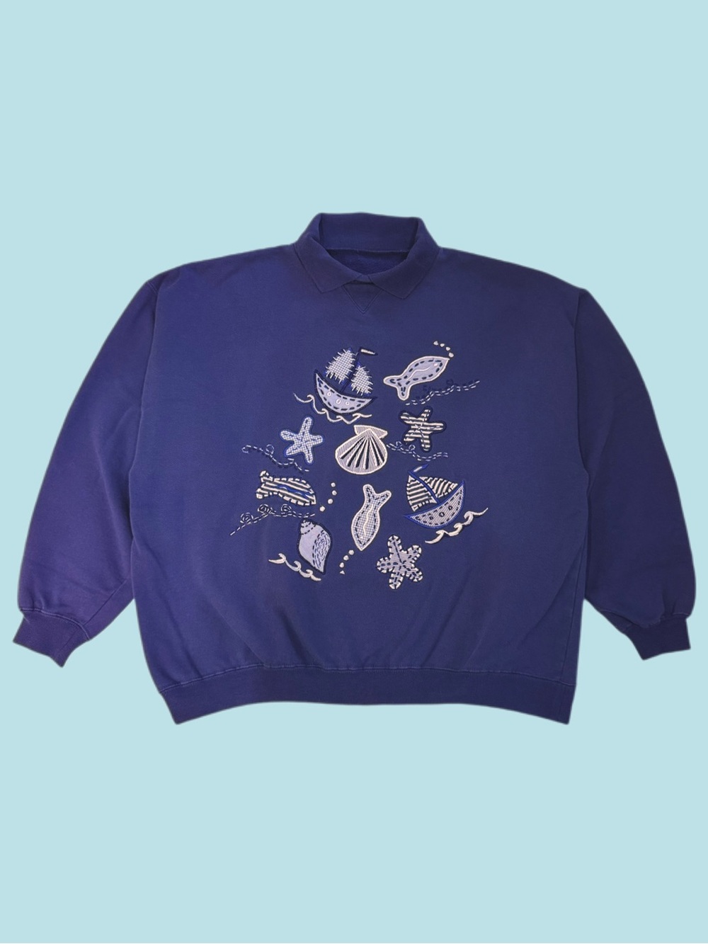 Vintage 90s Ocean Sea Appliqué Double Collar Coastal Grandma Crewneck Blue Large